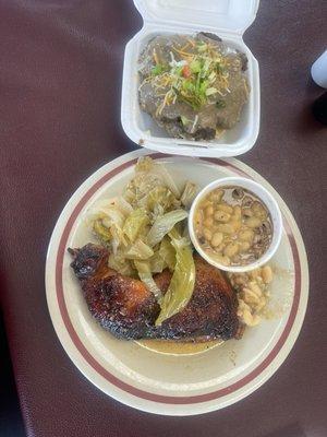 Jerk chicken , cabbage, beans , hamburger steak with mashed potatoes