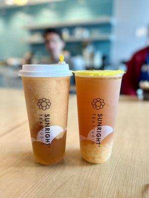 Peach frostie and peach jasmine tea with lychee jelly