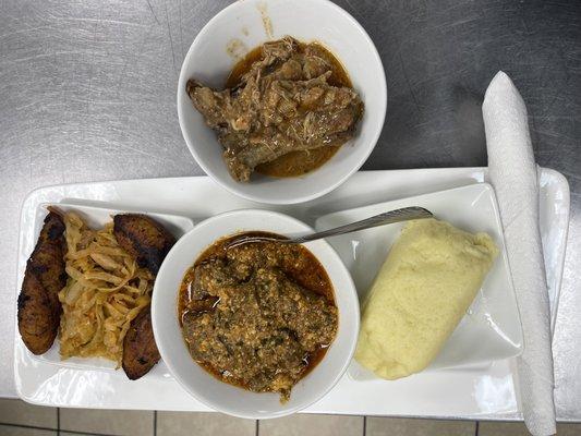 Goat, Egusi,Cabbage,Plantain,Fufu and Peanut Butter Stew Chicken