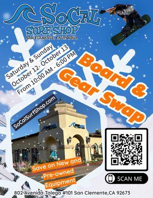 This weekend, October 12th-13th, SoCal Surf Shop is hosting its **Annual Board & Gear Swap**! ‍  Drop off your gear this week 7-11th