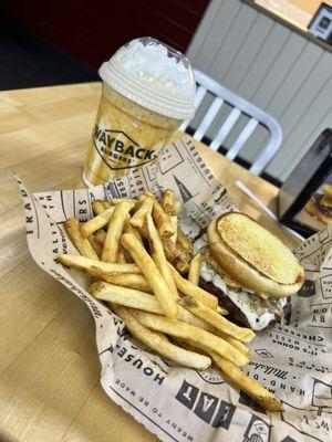 Impossible Burger and Fries with a Cinnamon Toast Crunch Shake