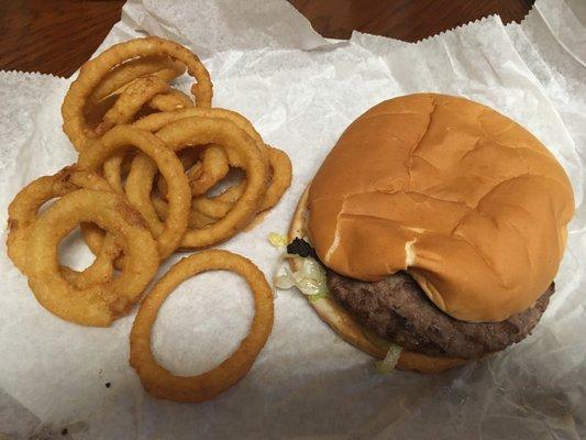 Deluxe burger and onion rings