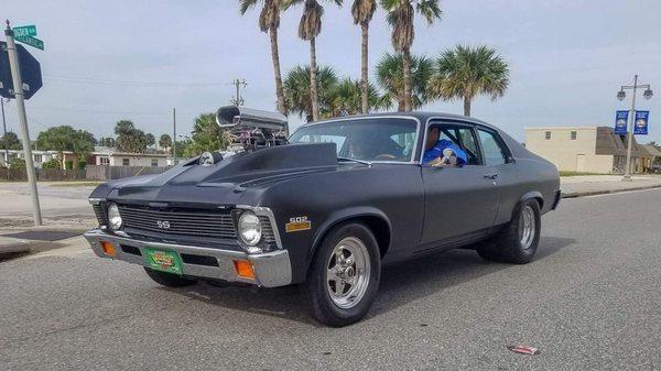 1973 Nova project that the owner completed driving down the road in Daytona, Florida during the 2018 Turkey Run.