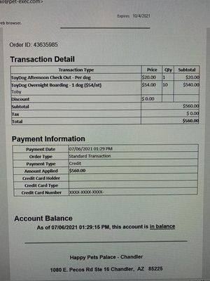 Bill for 10 night of boarding.