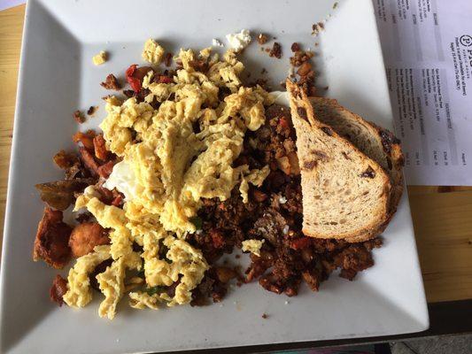 Chorizo Hash with raisin toast.