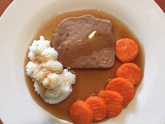 Puréed meatloaf with sliced carrots mashed potatoes and gravy. These meals are tasty, delicious and delicious