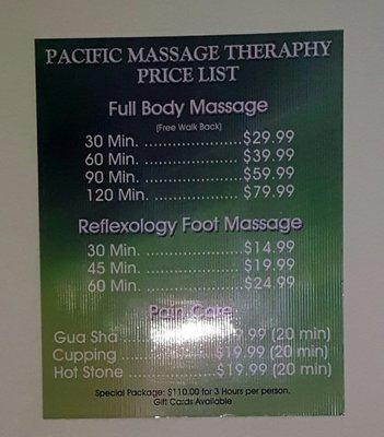 Massage price list.