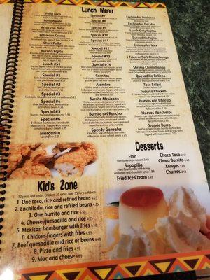 LUNCH MENU, KIDS MENU AND DESSERTS