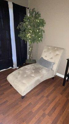 Comfy chair to relax in before your massage