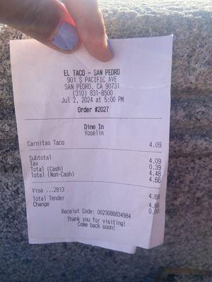 Receipt of my order, A carnitas Hardshell Taco.