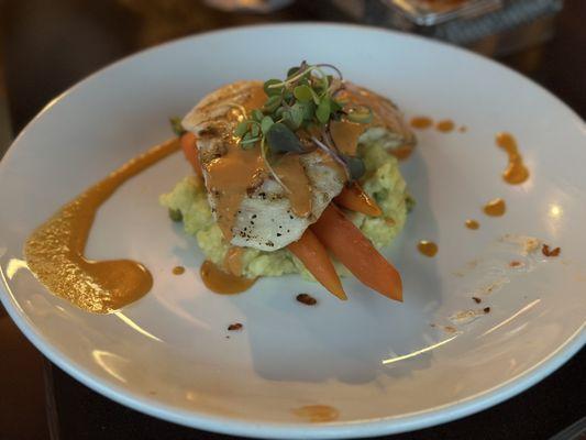 Grill grouper with sweet pea risotto, honey bourbon glazed carrots, sherry tomato butter