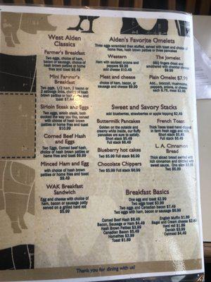 The back cover of the menu, where the breakfast items are listed.