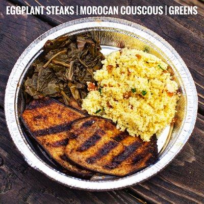 Merguez Seasoned Grilled Eggplant Steaks, Moroccan Couscous w/ Beer Braised Greens