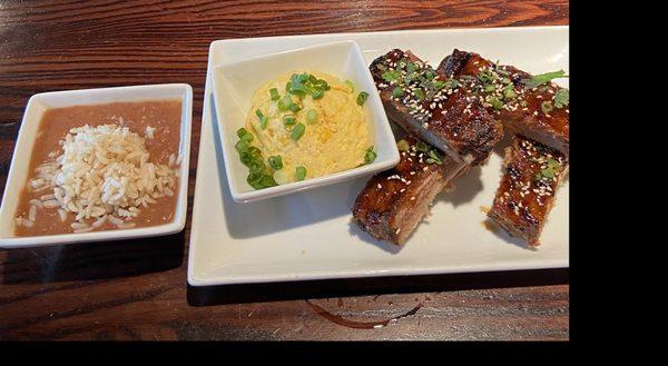 Thai ribs, corn grits, and red beans and rice