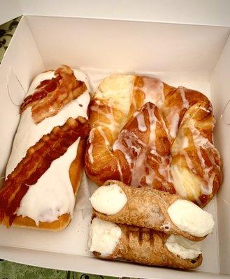 Maple bacon donut, mini cannolis and cheese pocket