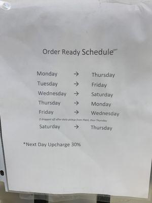 Their schedule of when you can expect your order to be ready. Mine was ready a day earlier one time.