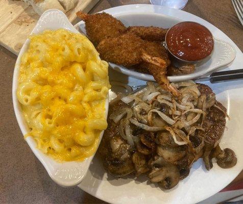 Ribeye with grilled onions, Mac & Cheese, Fried Shrimp