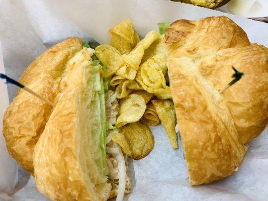 Egg salad croissant which was amazing and the tuna salad croissant which each comes with a bag of chips.