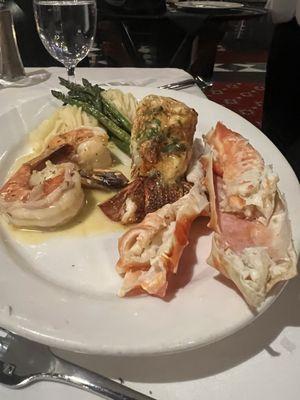 The trio of monster shrimp, lobster and crab leg! Whipped potato and asparagus!