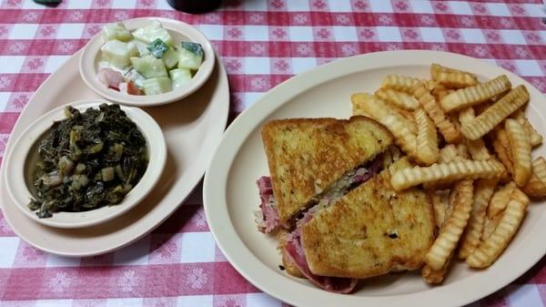 Reuben w/fries. Cucumber Salad and Turnip Greens