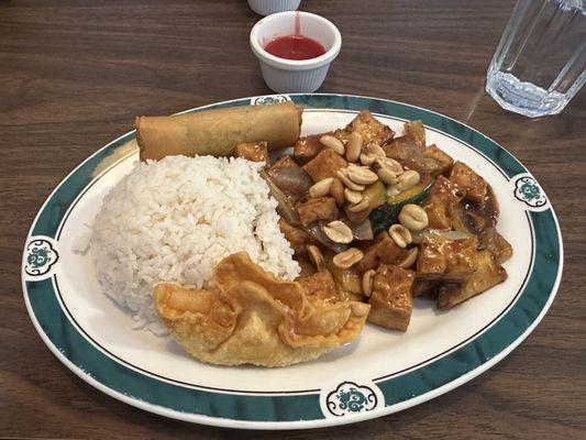 Kung Pao tofu, vegetable spring roll, rice