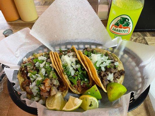 Carnitas, Chorizo & Asada Tacos with Jarritos Lime drink at Picante Mexican Grill in Elkhart IN