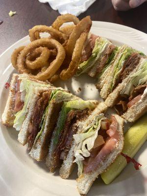 BLT Club and onion rings