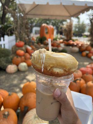 Pumpkin spice and brown butter donut with a pumpkin white mocha latte