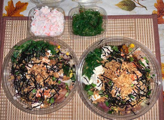 Poke bowls, seaweed salad, surimi salad