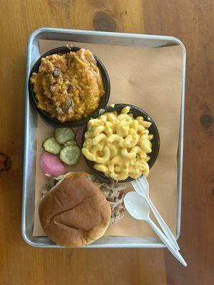 Regular Bbq Sandwich Plate with Mac and Cheese and Sweet Potato Casserole