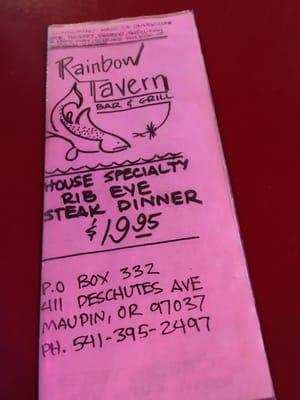 Rainbow tavern menu