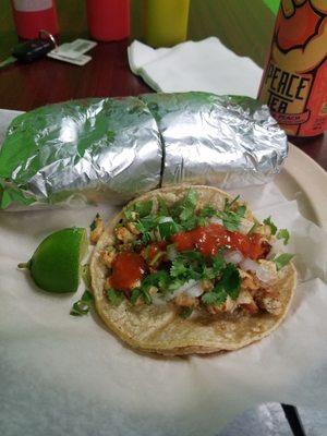 Chicken taco and Steak burrito. Both were cooked to order and excellent