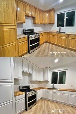 Kitchen cabinet refinish for our dear client :)
Real wood to pure white paint.