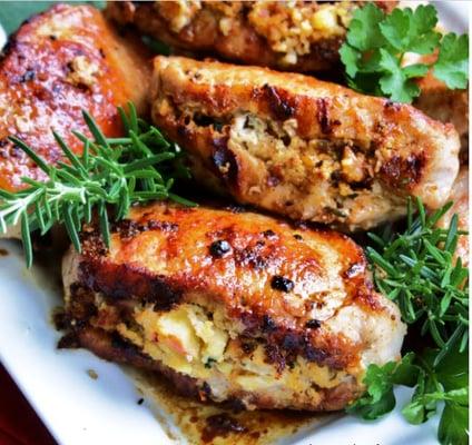 Spring Bounty Stuffed Pork Chops.  Loaded with Fennel, Leeks and the kick of Rhubarb