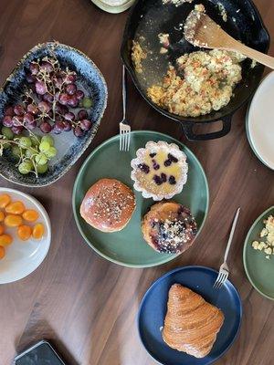 Butter croissant, maple pecan doughnut, marionberry flan, blueberry cruff puff