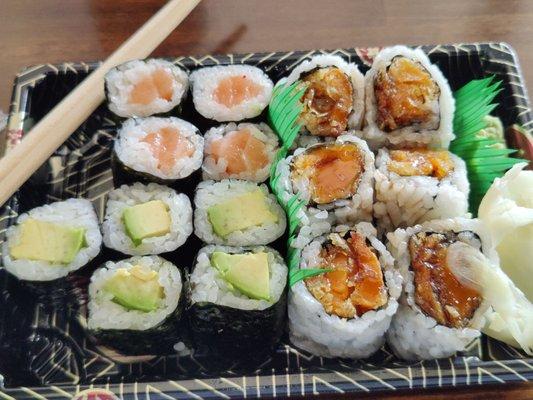 Salmon roll, avacado roll, and sweet potato roll lunch special