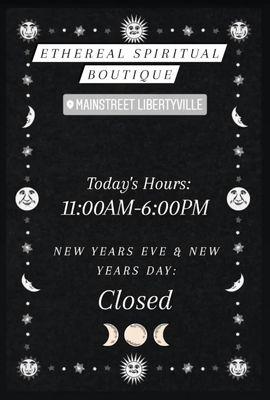 New Years Eve & New Years Day store hours!