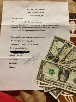 Letter from the laundromat with refund.