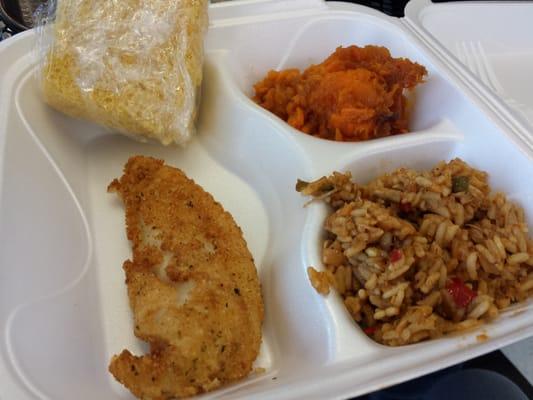 $4 total for corn bread, fried catfish fillet, dirty rice and sweet potato