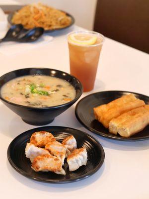 Breakfast combo B (daily made porridge, potstickers, fried Chinese donut, coffee or lemon tea)