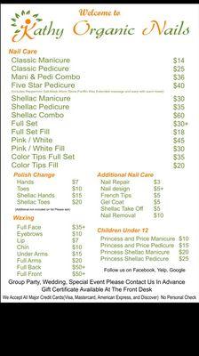 Here is our service price list at Kathy Organic Nails.