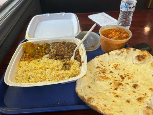 Chicken tiki masala chickpeas mixed vegetables rice Naan and curry lamb