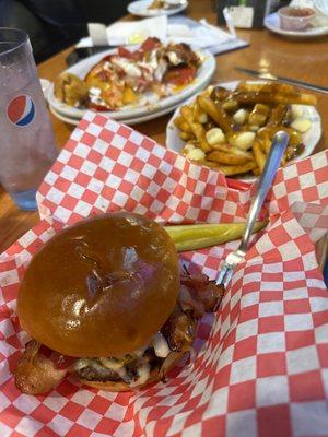 Cheddar cheese burger, and poutine