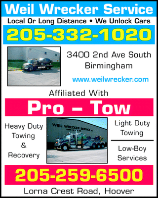 Weil Wrecker Service
3400 2nd Ave 
Birmingham, AL 35233 