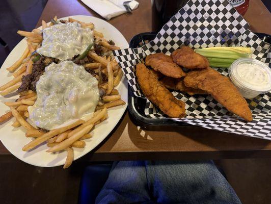 Philly cheesesteak fries, Buffalo chicken tenders