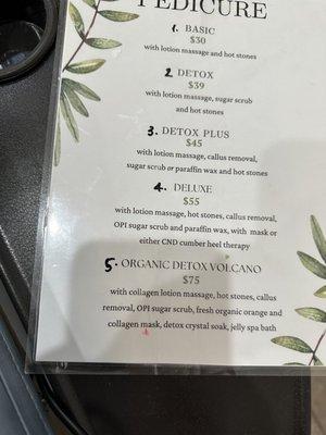 Pedicure menu