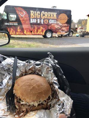 Brisket sandwich with slaw- great flavor and generous portion of meat.