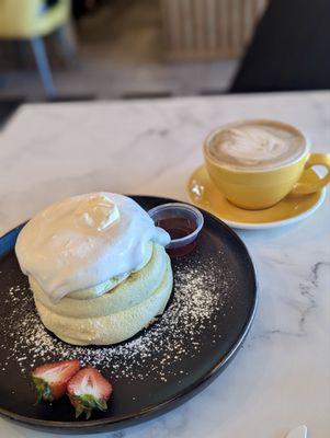 Classic soufflé pancakes and Hojicha latte