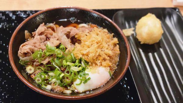 Regular hot nikutama ($11.95) with a side of egg tempura ($2.50)