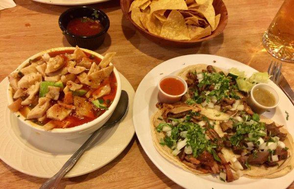 Cup of Tortilla Soup, and Tripita, lengua and buche tacos. Yummy!!